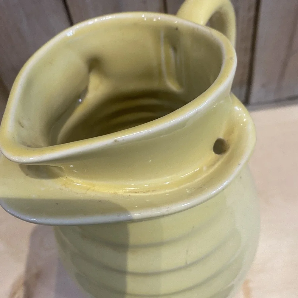 VTG MCM Ringware Yellow Ceramic‎ Ribbed Pitcher Jug Flower Frog Spout Unique 9